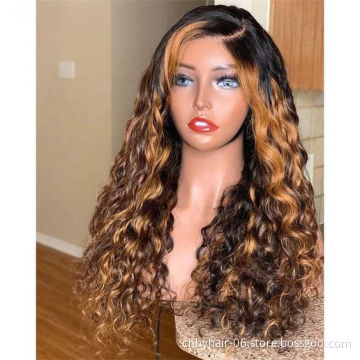 Natrual Black Blonde Highlights Wig Mix Color Deep Wave Curly Pre Plucked HD Transparent Lace Front Raw Virgin Human Hair Wigs